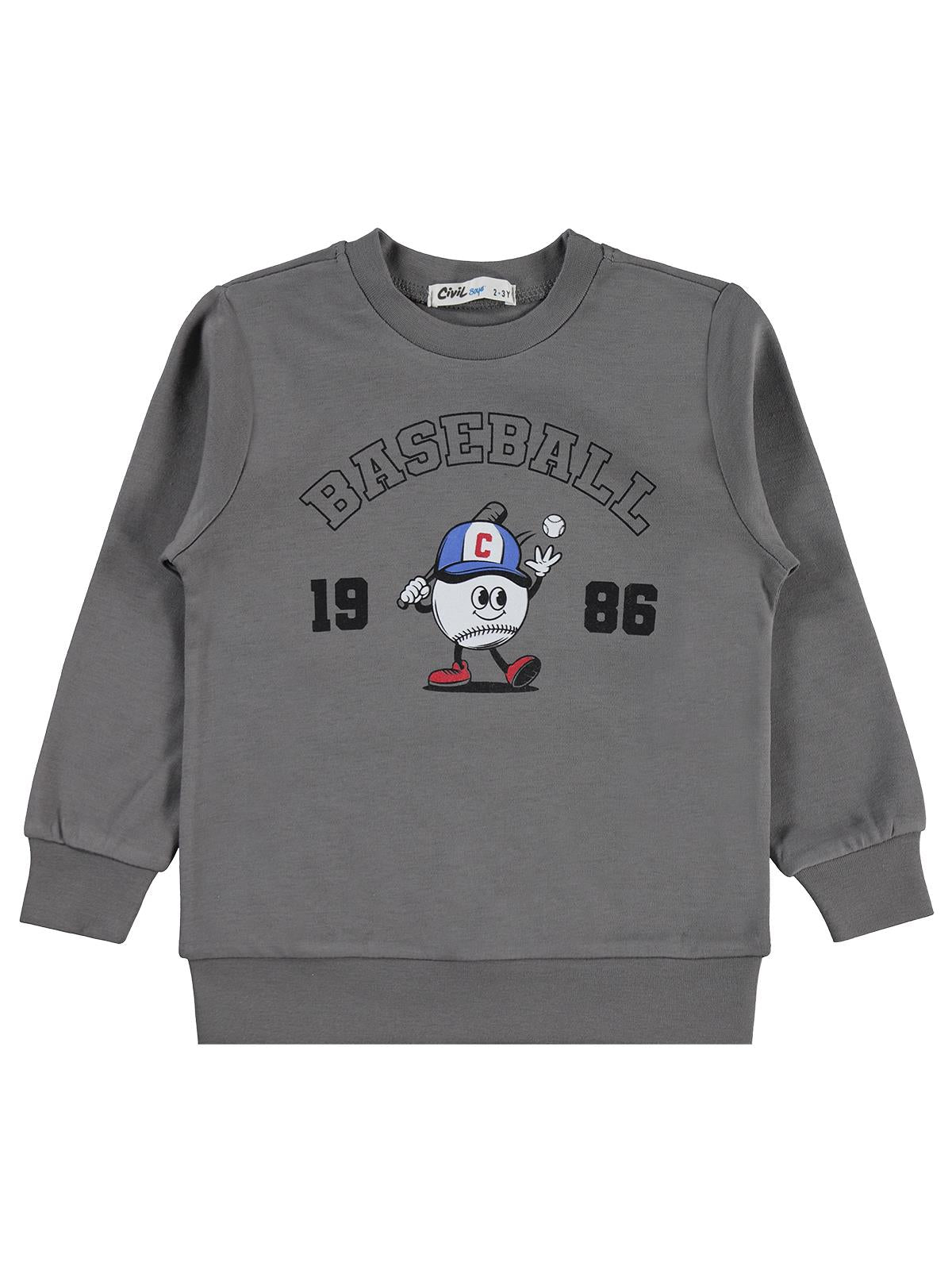 Civil Erkek Çocuk Baseball Baskılı Sweatshirt Km | İnterlok Uzun Kol | Okul Kreş ve Günlük Kullanım - Gri
