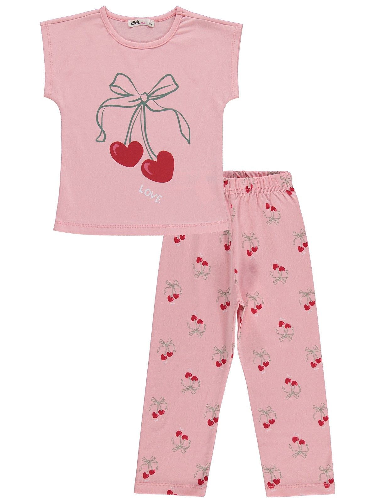 Civil Girls Kiraz Desenli 2-5 Yaş Pijama Takımı - Pudra