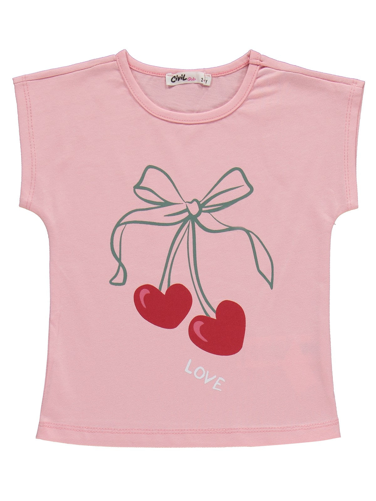 Civil Girls Kiraz Desenli 2-5 Yaş Pijama Takımı - Pudra