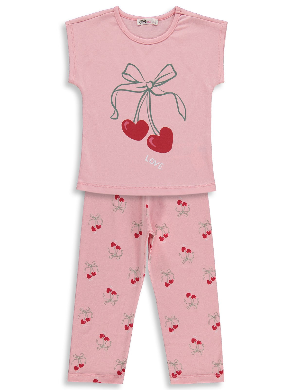 Civil Girls Kiraz Desenli 2-5 Yaş Pijama Takımı - Pudra