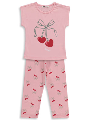 Civil Girls Kiraz Desenli 2-5 Yaş Pijama Takımı - Pudra