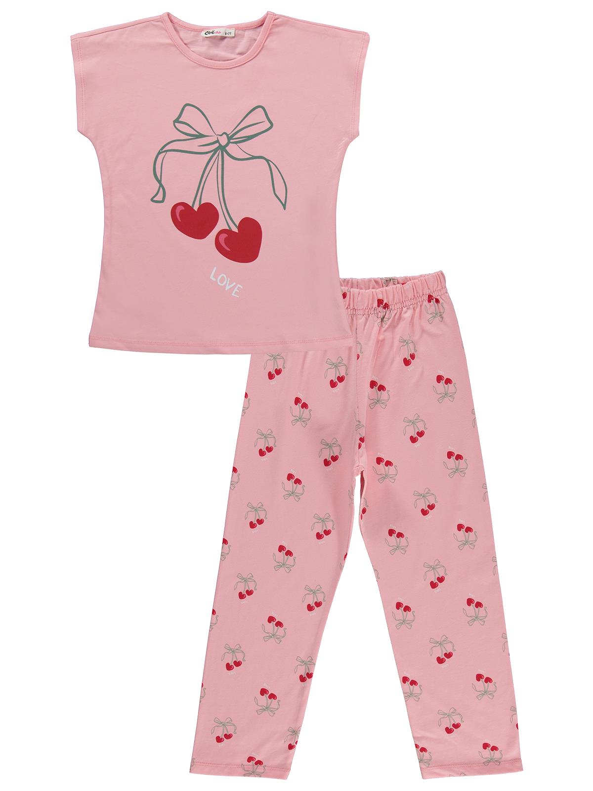 Civil Girls Kiraz Desenli 6-9 Yaş Pijama Takımı - Pudra