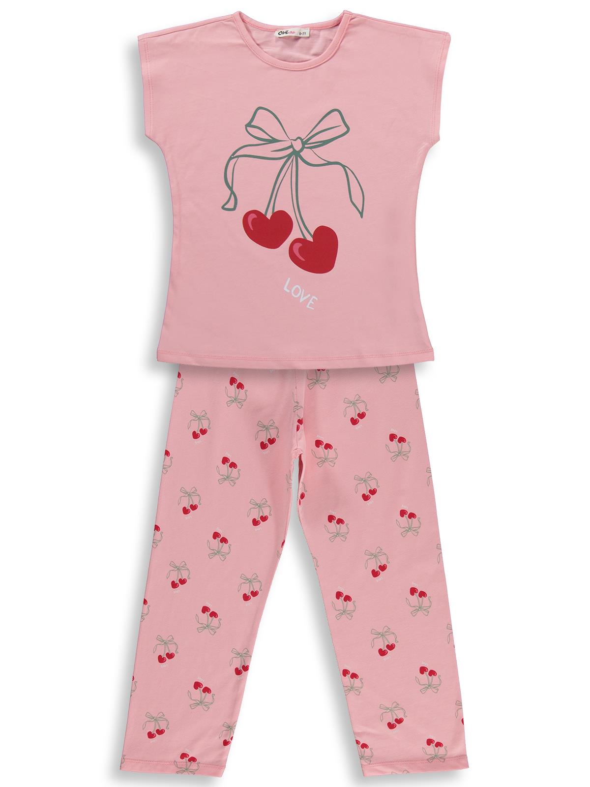 Civil Girls Kiraz Desenli 6-9 Yaş Pijama Takımı - Pudra