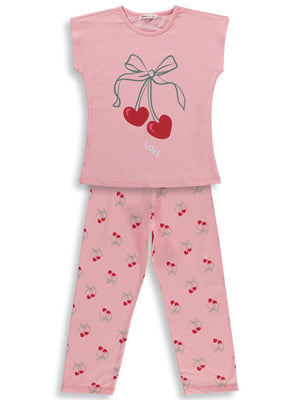 Civil Girls Kiraz Desenli 6-9 Yaş Pijama Takımı - Pudra