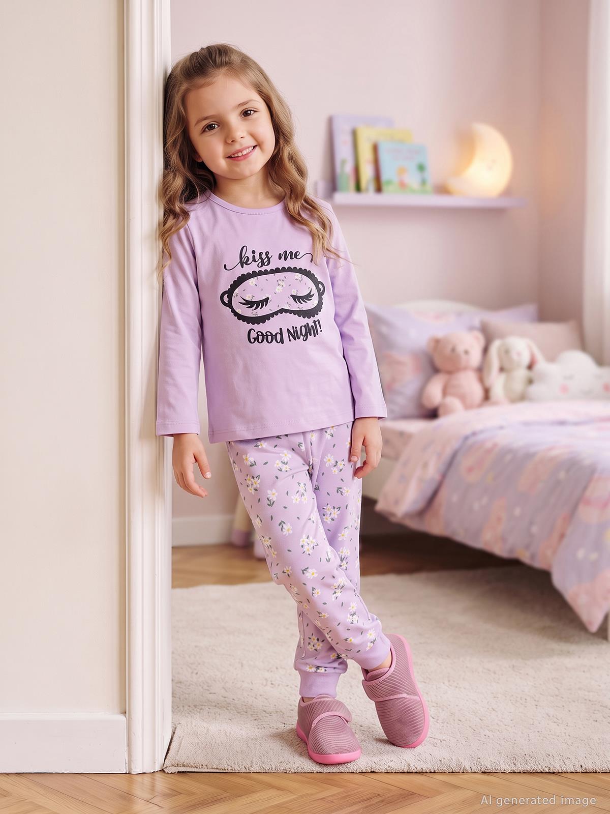 Civil Kız Çocuk Çiçek Desenli Pijama Takımı | Süprem Uzun Kol | Okul Kreş ve Günlük Kullanım - Lila