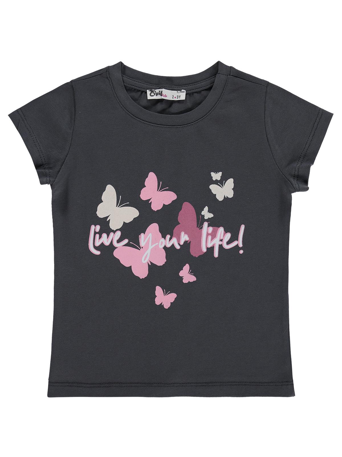 Civil Girls Kelebek Baskılı 2-5 Yaş Tişört Km - Gri