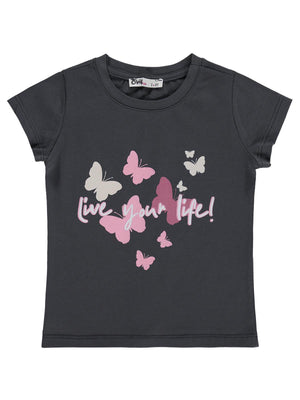 Civil Girls Kelebek Baskılı 2-5 Yaş Tişört Km - Gri