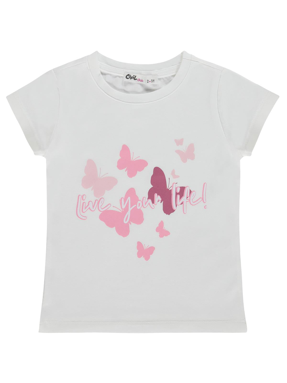 Civil Girls Kelebek Baskılı 2-5 Yaş Tişört Km - Kırık Beyaz