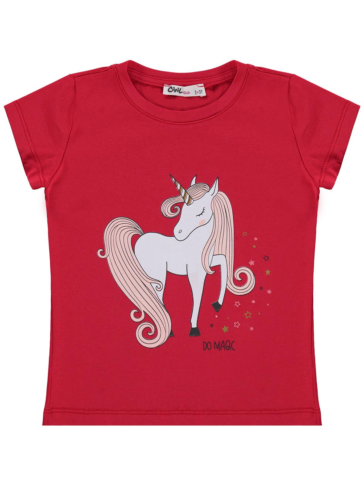 Civil Girls Unicorn Baskılı 2-5 Yaş Tişört  - Kırmızı