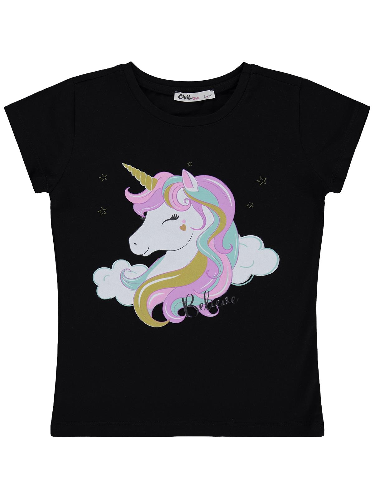 Civil Girls Unicorn Baskılı 6-9 Yaş Tişört  - Siyah