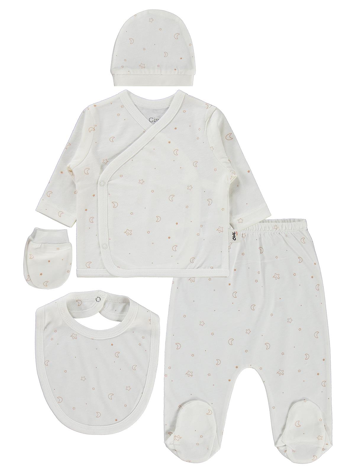 Civil Baby Yıldız ve Ay Empirmeli Zıbın Takımları - Ekru