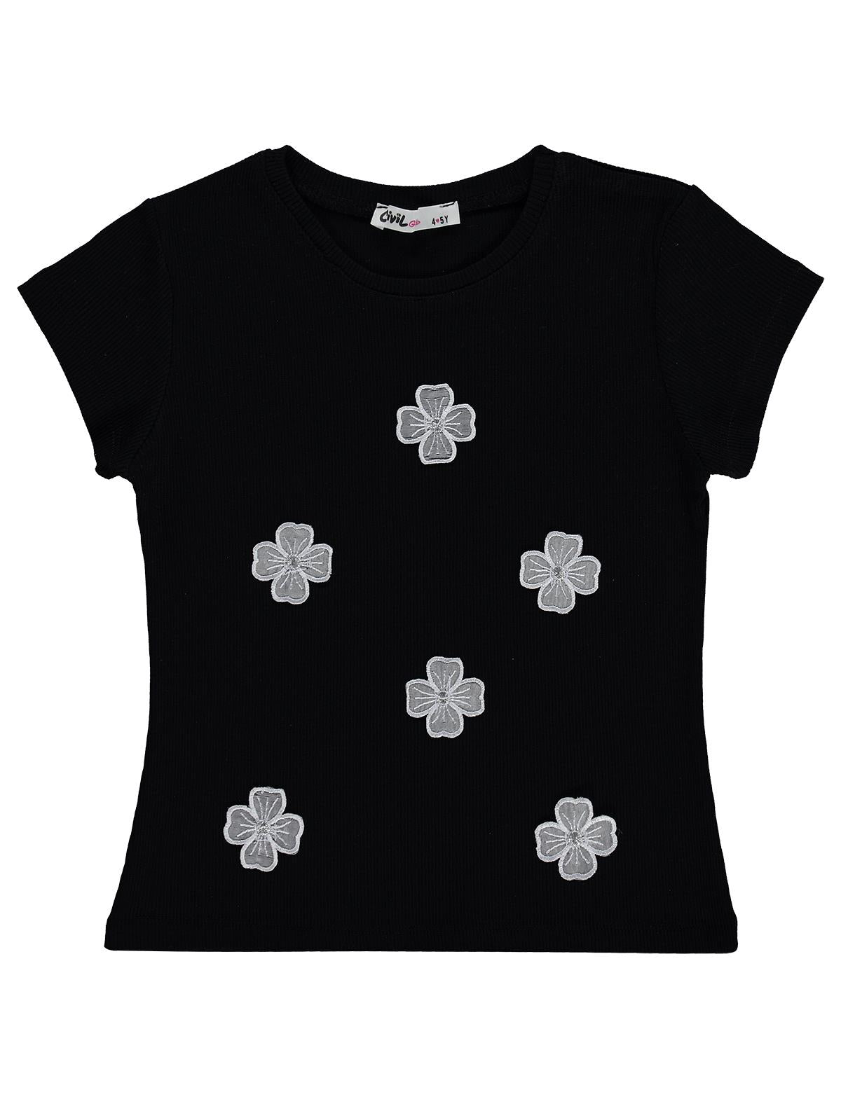 Civil Girls Çiçekli 4-9 Yaş Tişört - Siyah