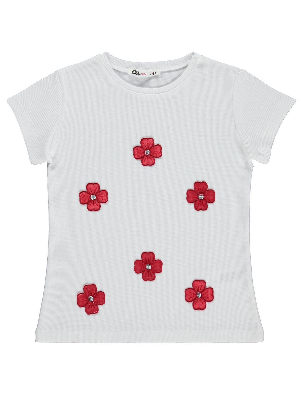 Civil Girls Çiçekli 4-9 Yaş Tişört - Beyaz