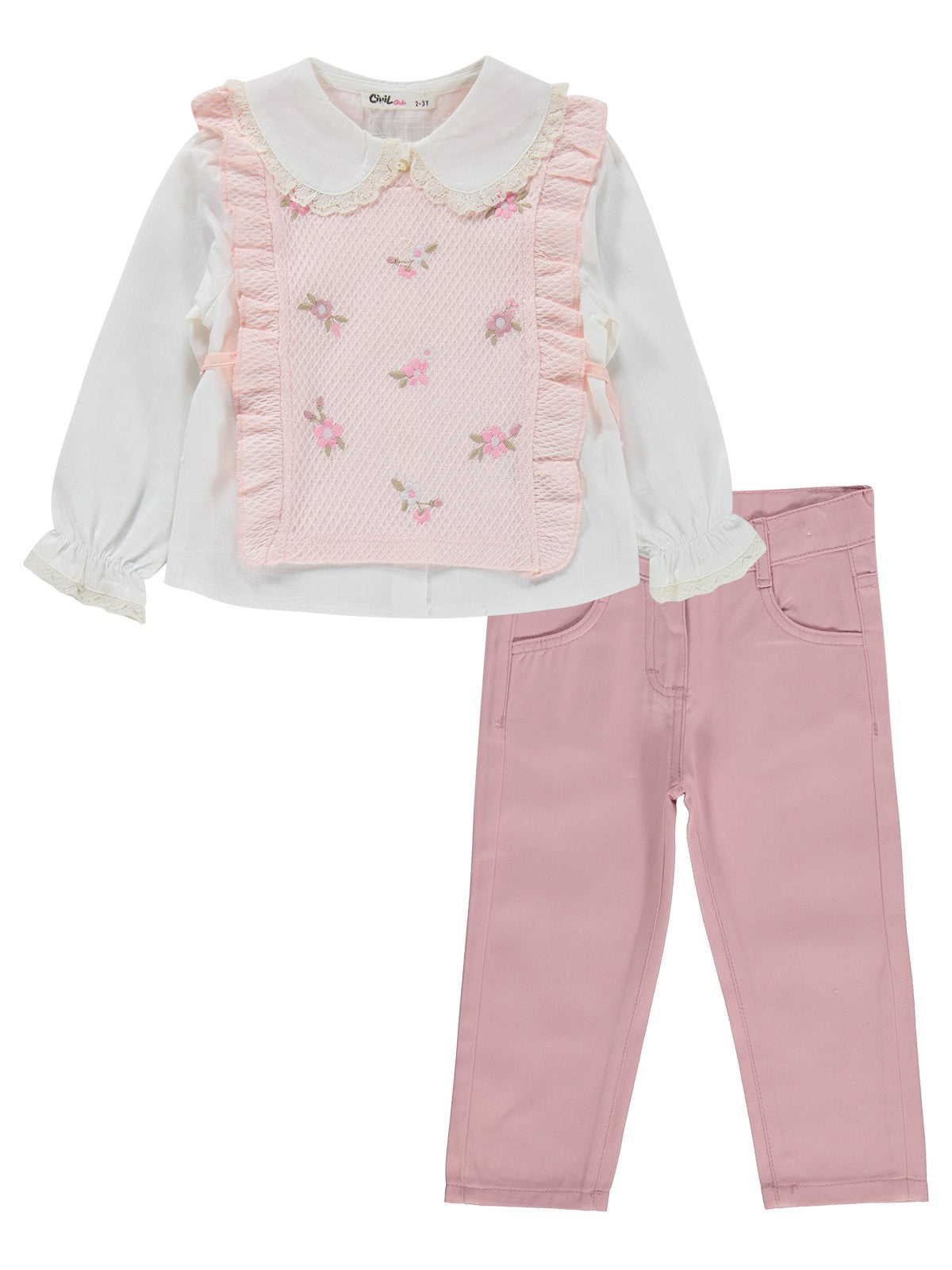Civil Girls Renkli Çiçek Nakışlı 2-5 Yaş Takım - Pembe