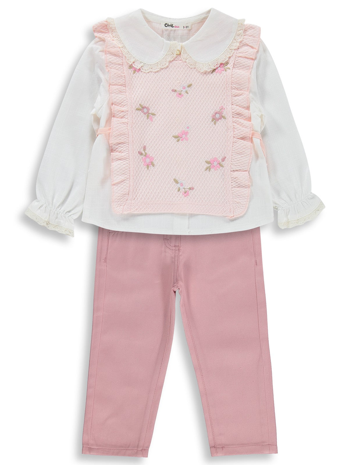 Civil Girls Renkli Çiçek Nakışlı 2-5 Yaş Takım - Pembe