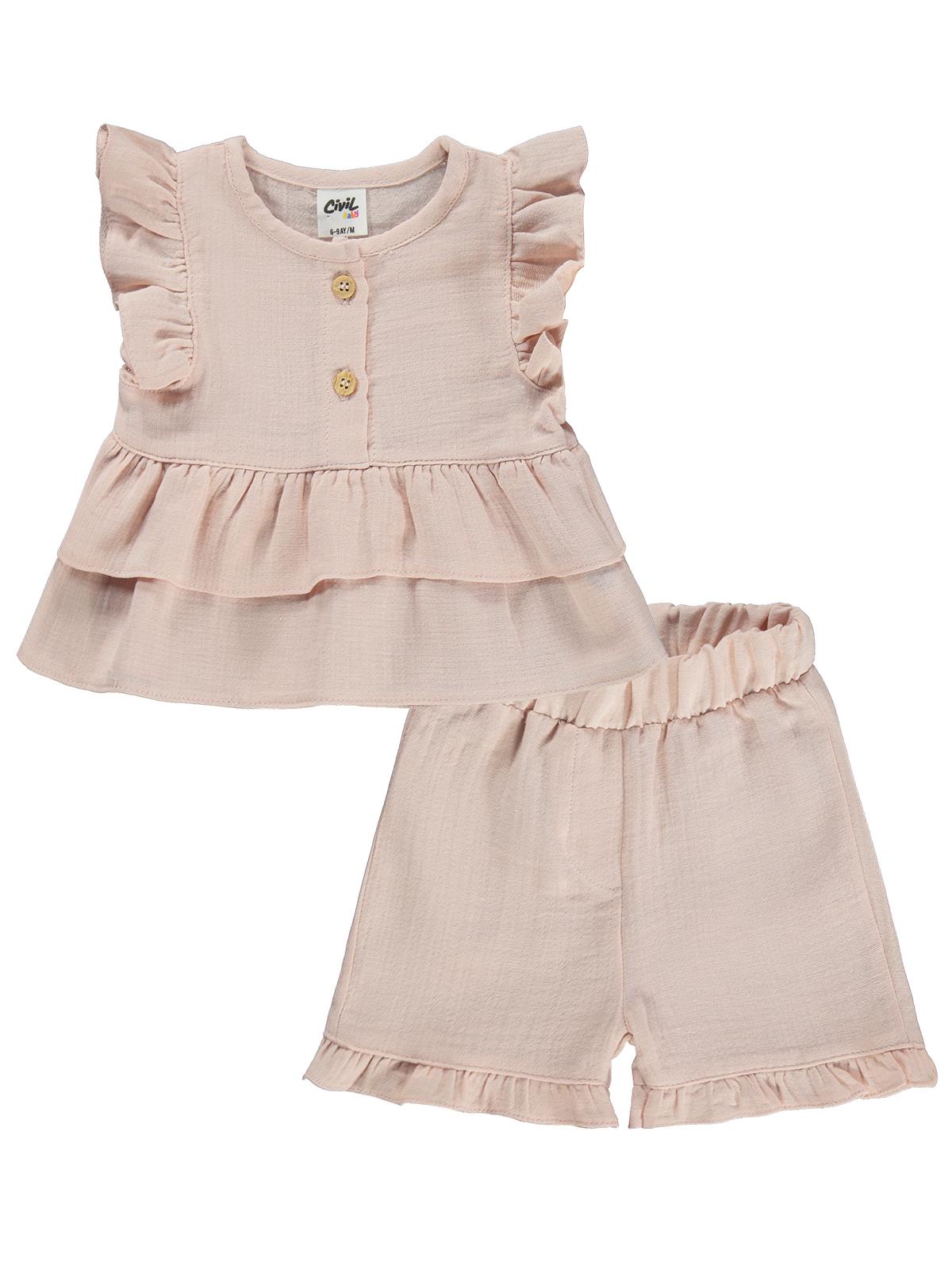 Civil Baby Düğmeli Düz 6-18 Ay Takım - Pudra