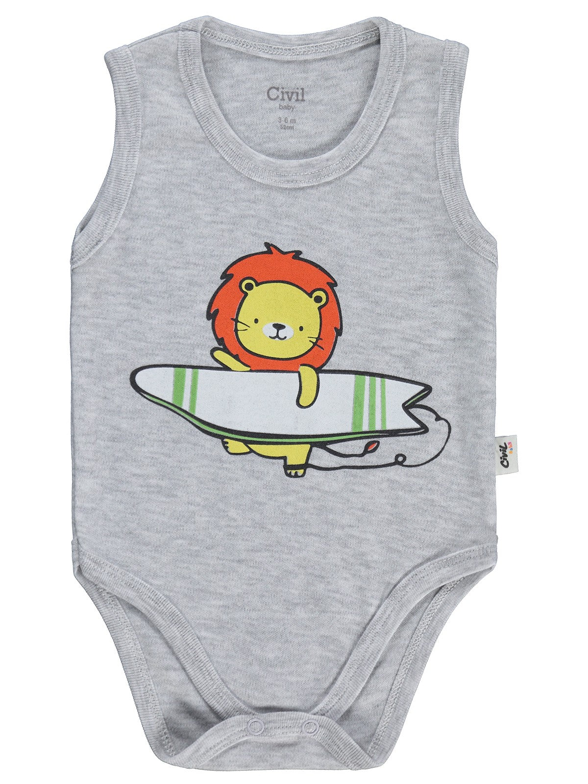 Civil Baby Aslan Baskılı 0-3 Yaş Çıtçıtlı Badi - Gri