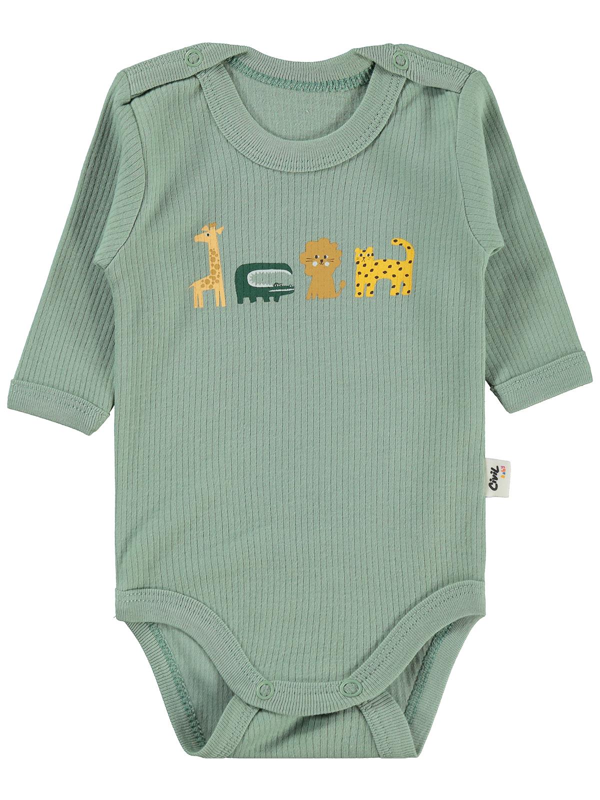 Civil Baby Hayvanlar Baskılı 0-3 Yaş Çıtçıtlı Badi - Haki