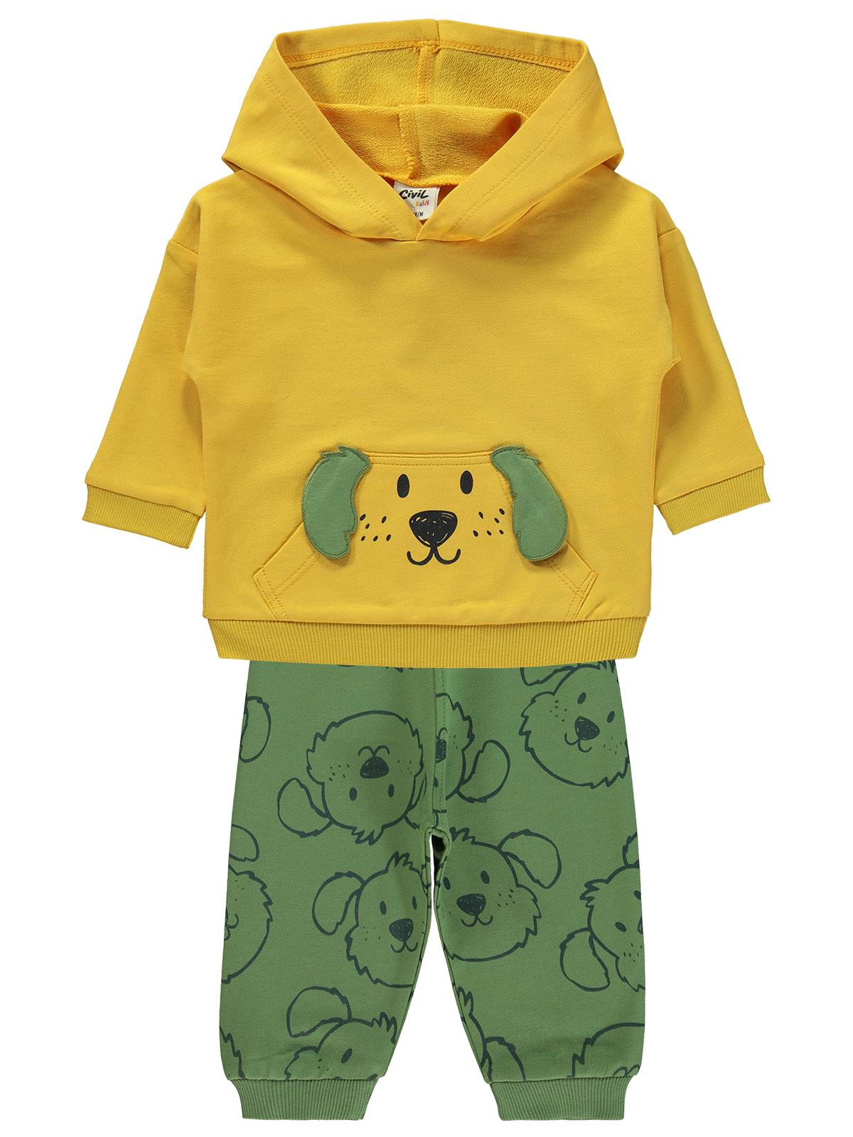 Civil Baby Kapşonlu Köpek Nakışlı 6-18 Ay Takım - Hardal