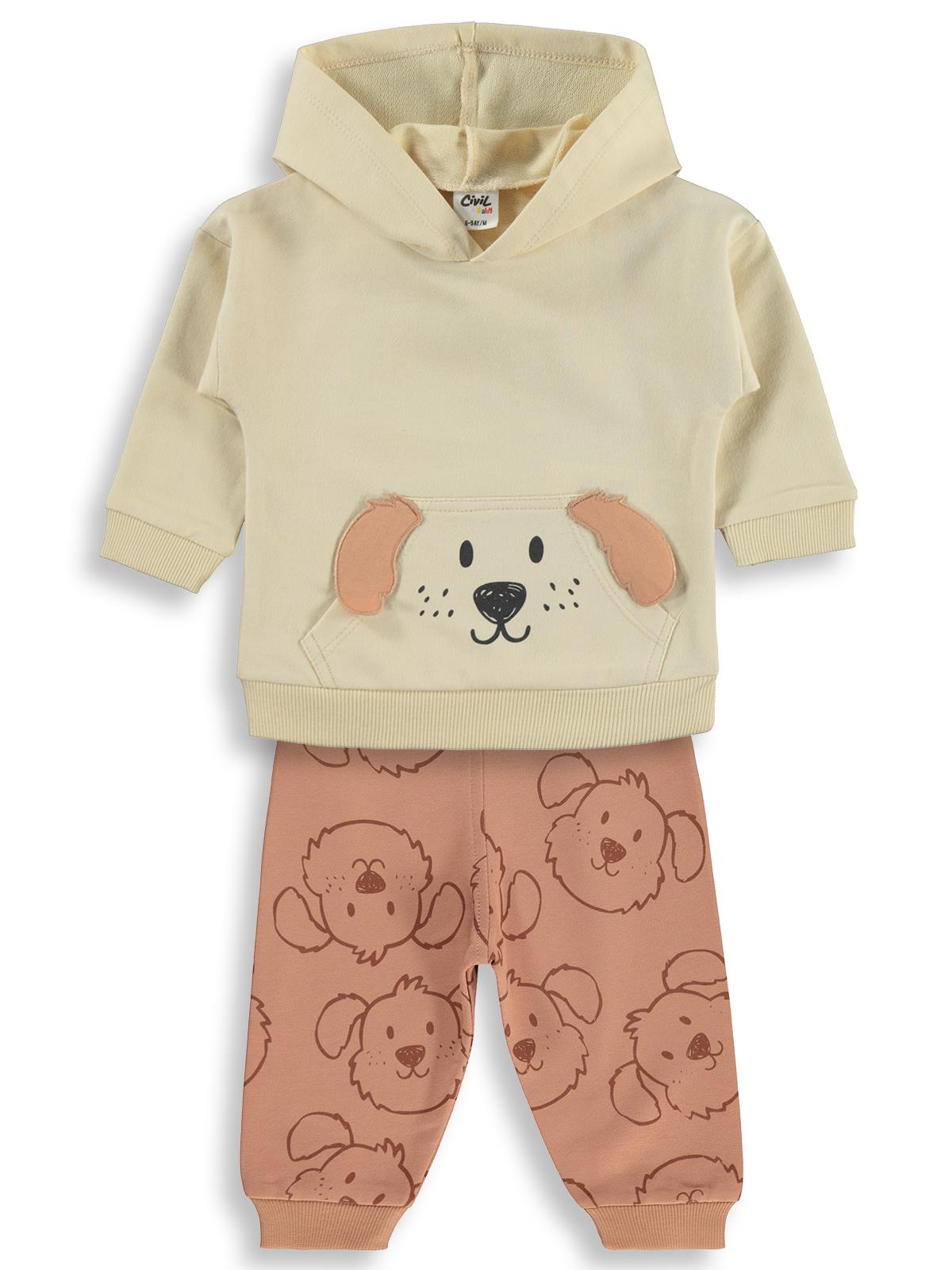 Civil Baby Kapşonlu Köpek Nakışlı 6-18 Ay Takım - Bej