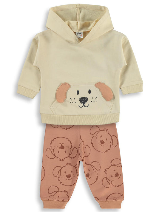 Civil Baby Kapşonlu Köpek Nakışlı 6-18 Ay Takım - Bej
