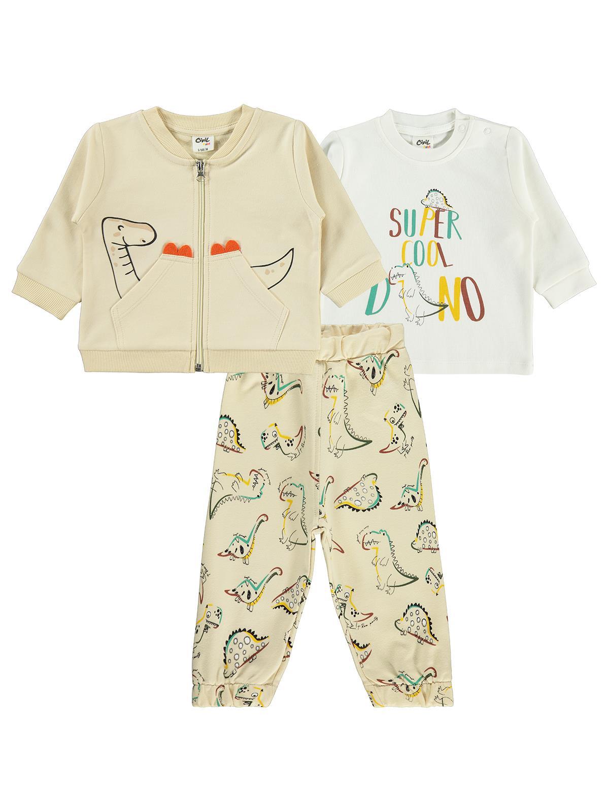Civil Baby Dıno Nakışlı Hırkalı 6-18 Ay Takım - Bej
