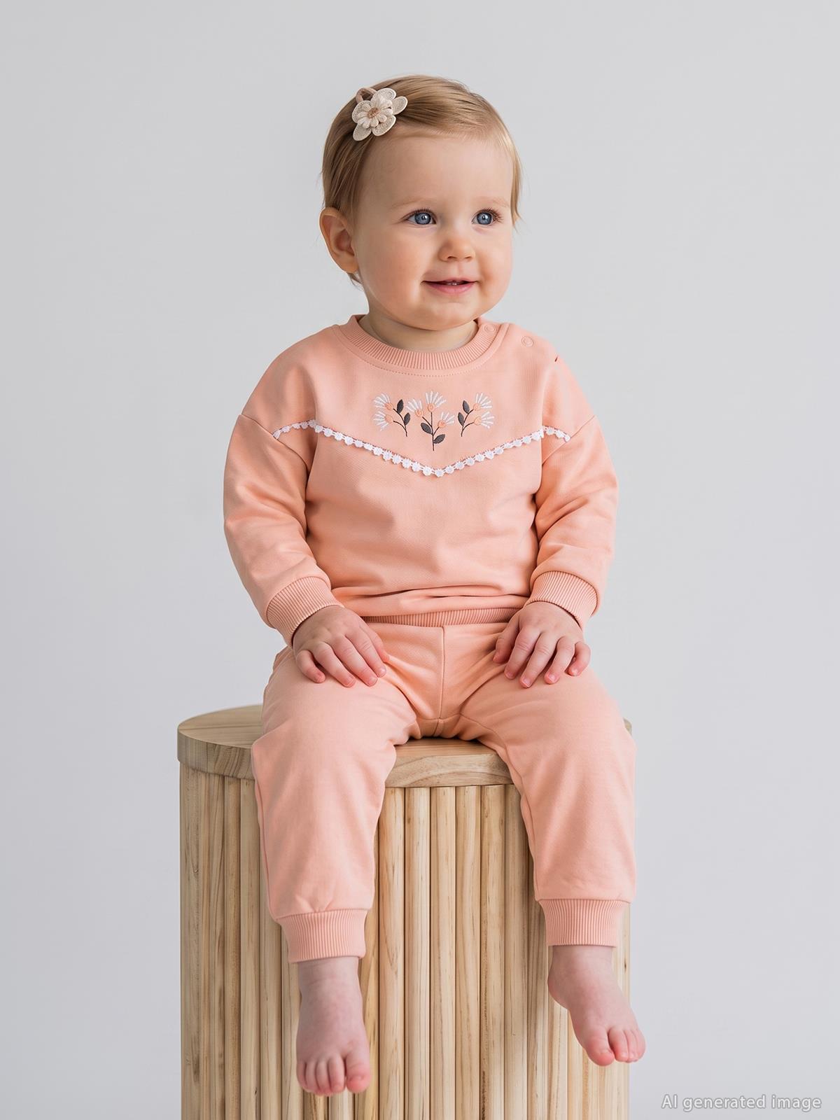 Civil Baby Çiçek Nakışlı 6-18 Ay Takım - Pudra
