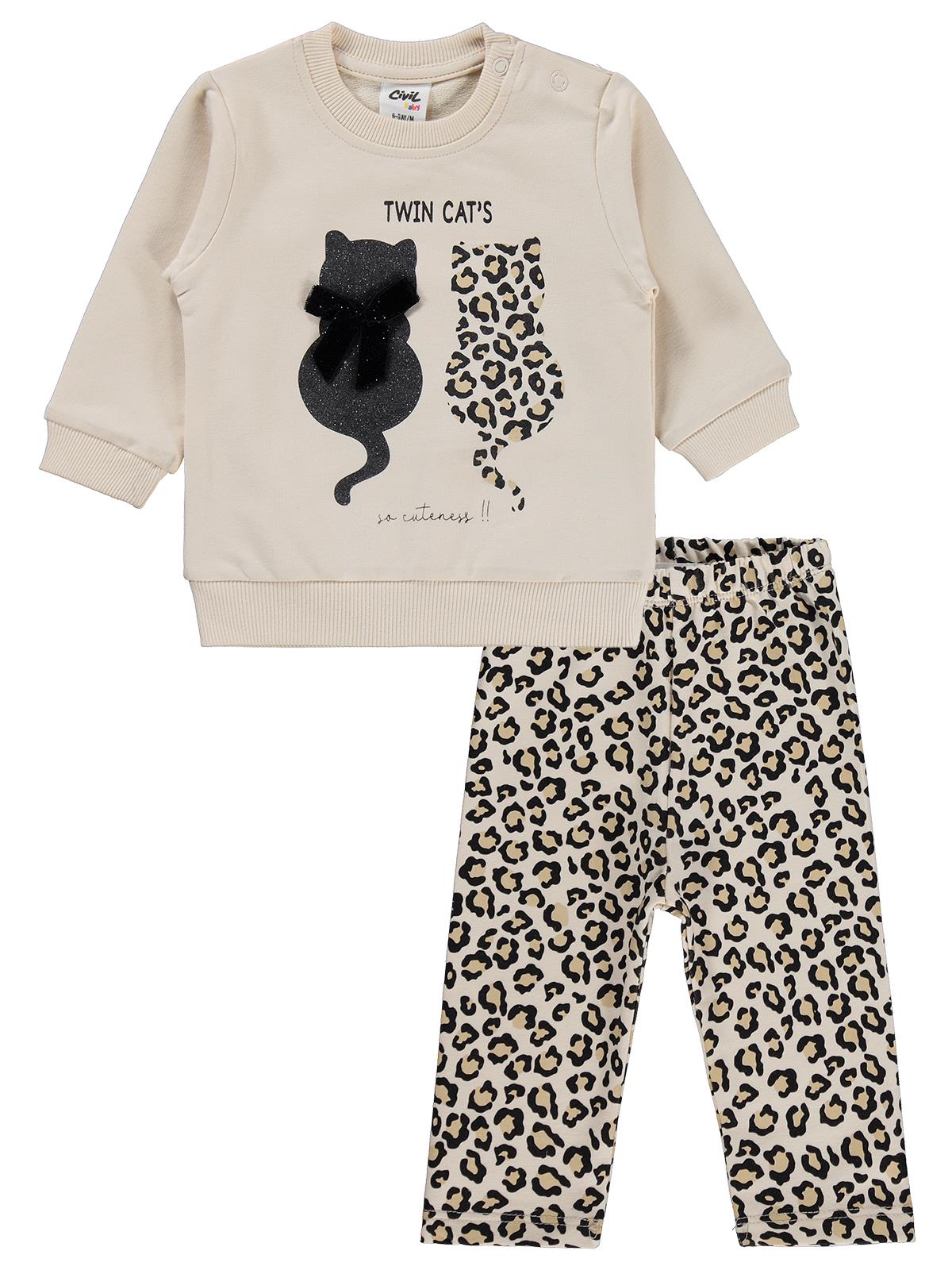 Civil Baby Leopar Kedi Baskılı 6-18 Ay Takım - Bej
