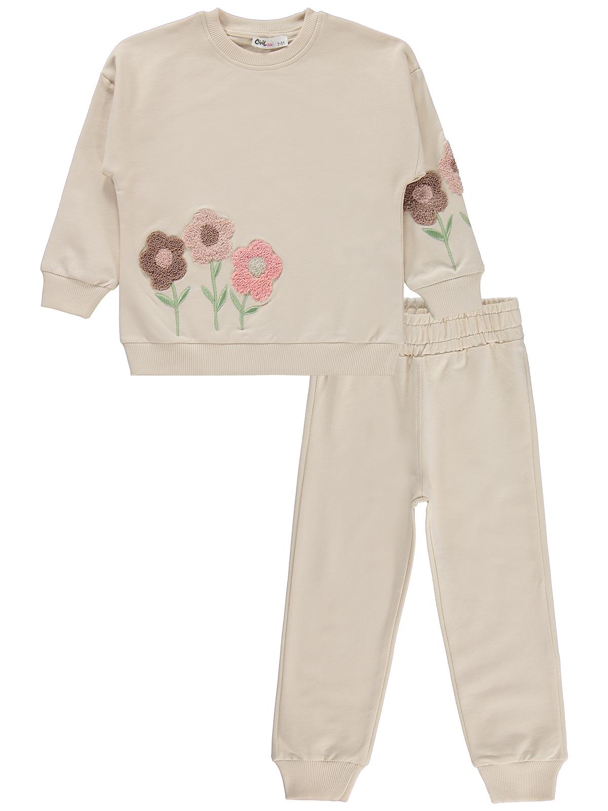 Civil Girls Çiçek Nakışlı 2-5 Yaş Eşofman Takımı - Bej