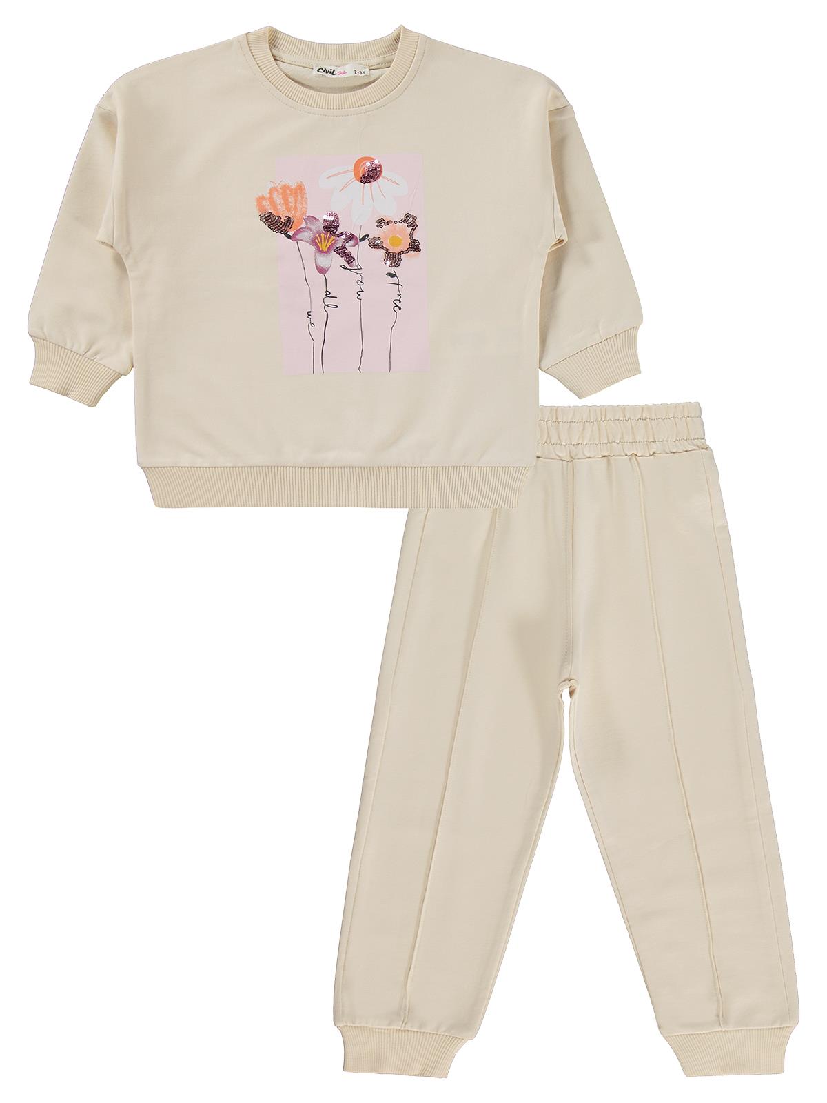 Civil Girls Çiçek Baskılı 2-5 Yaş Eşofman Takımı - Bej