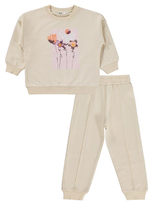 Civil Girls Çiçek Baskılı 2-5 Yaş Eşofman Takımı - Bej
