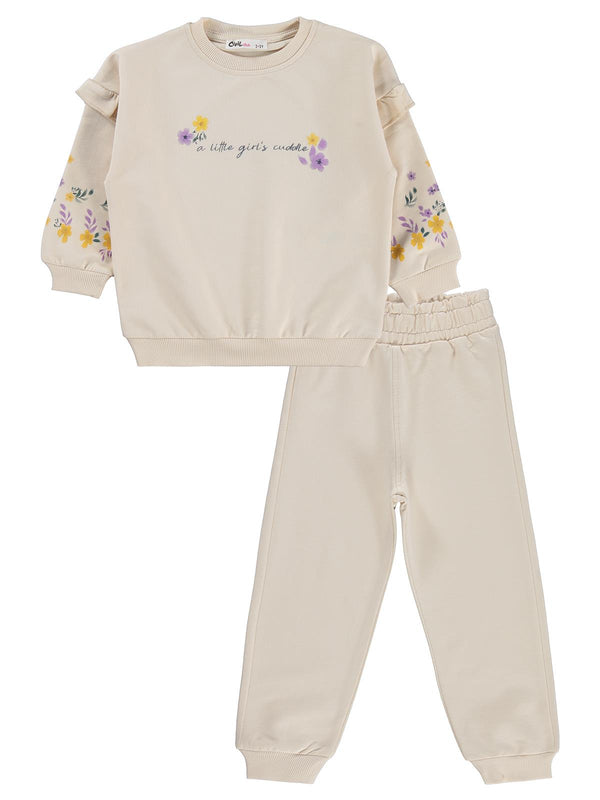 Civil Girls Kol Fırfırlı Çiçek Baskılı 2-5 Yaş Eşofman Takımı - Bej
