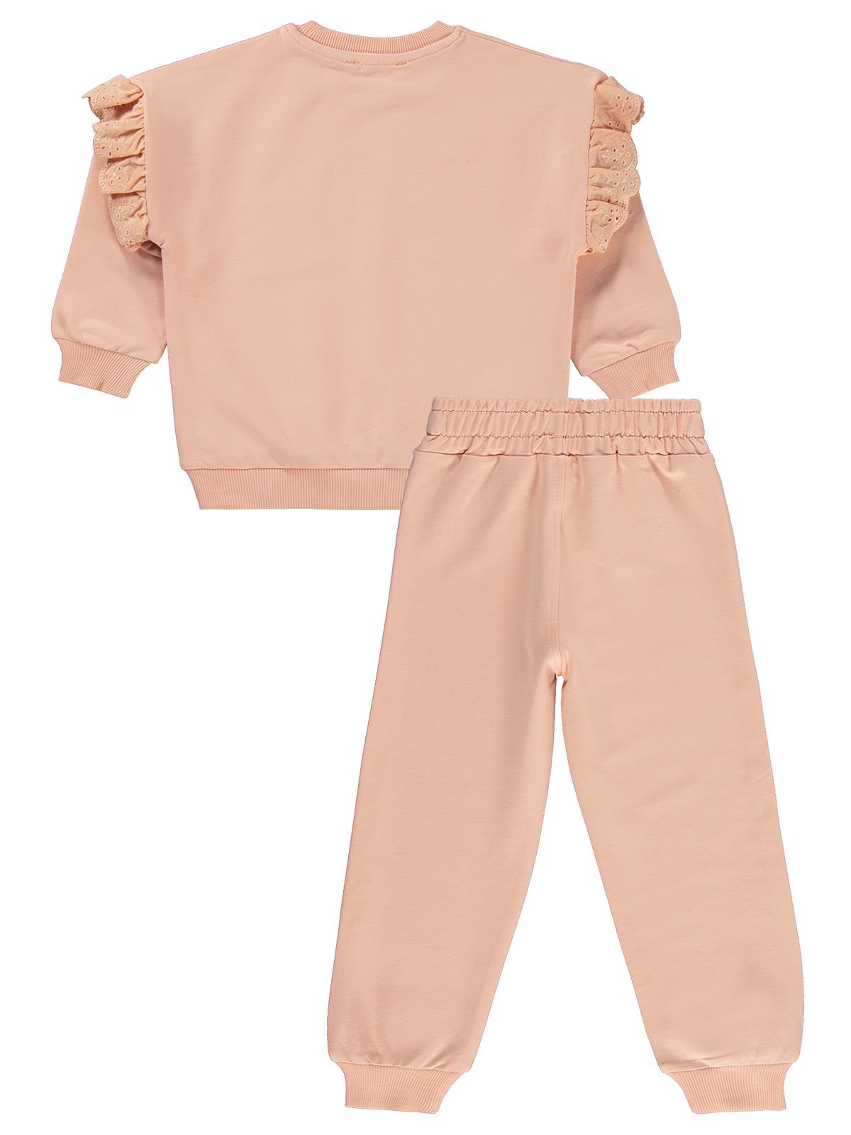 Civil Girls Kol Fırfırlı Sarmaşık Nakışlı 2-5 Yaş Eşofman Takımı - Pudra