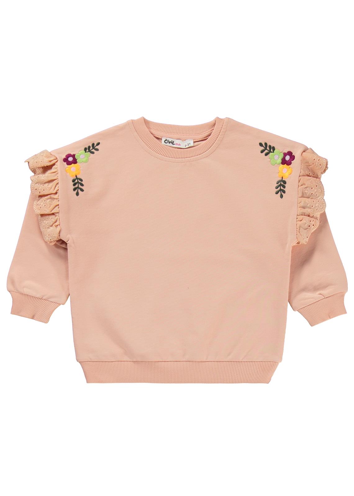 Civil Girls Kol Fırfırlı Sarmaşık Nakışlı 2-5 Yaş Eşofman Takımı - Pudra
