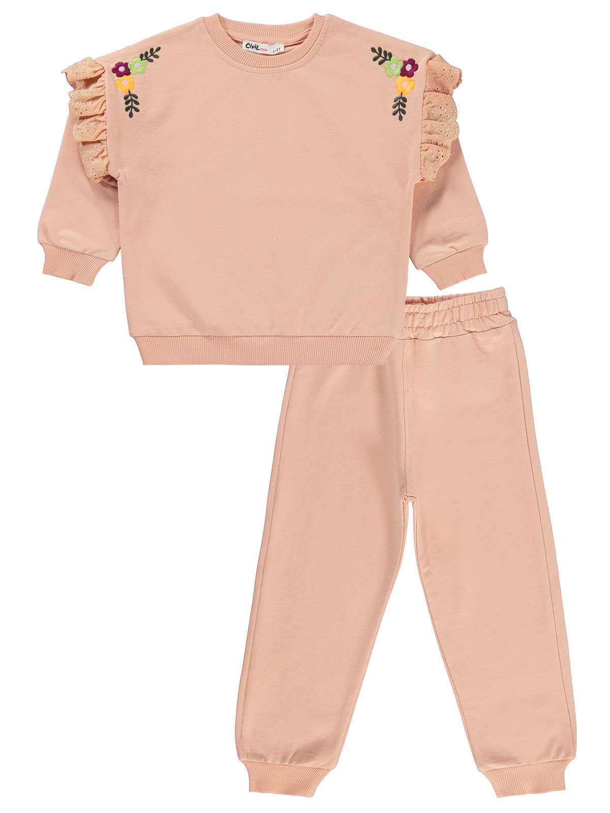Civil Girls Kol Fırfırlı Sarmaşık Nakışlı 2-5 Yaş Eşofman Takımı - Pudra