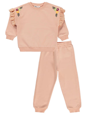Civil Girls Kol Fırfırlı Sarmaşık Nakışlı 2-5 Yaş Eşofman Takımı - Pudra