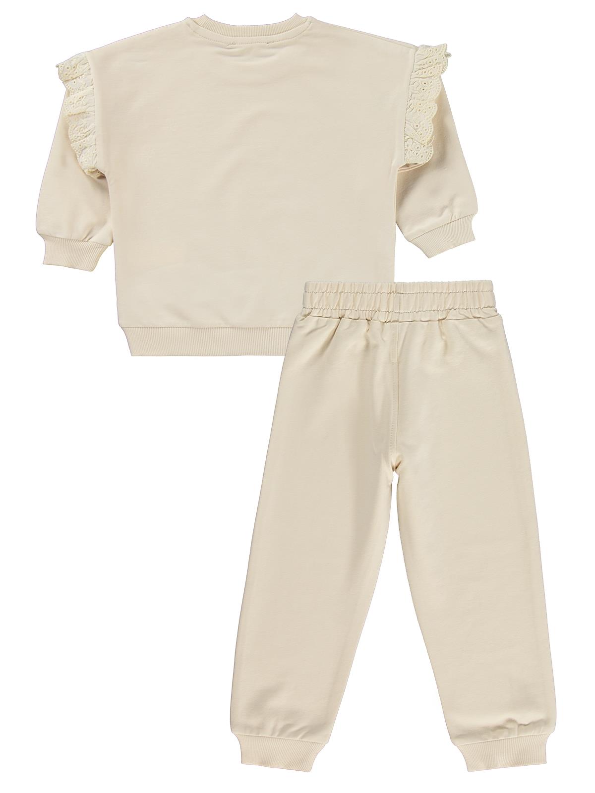Civil Girls Kol Fırfırlı Sarmaşık Nakışlı 2-5 Yaş Eşofman Takımı - Bej