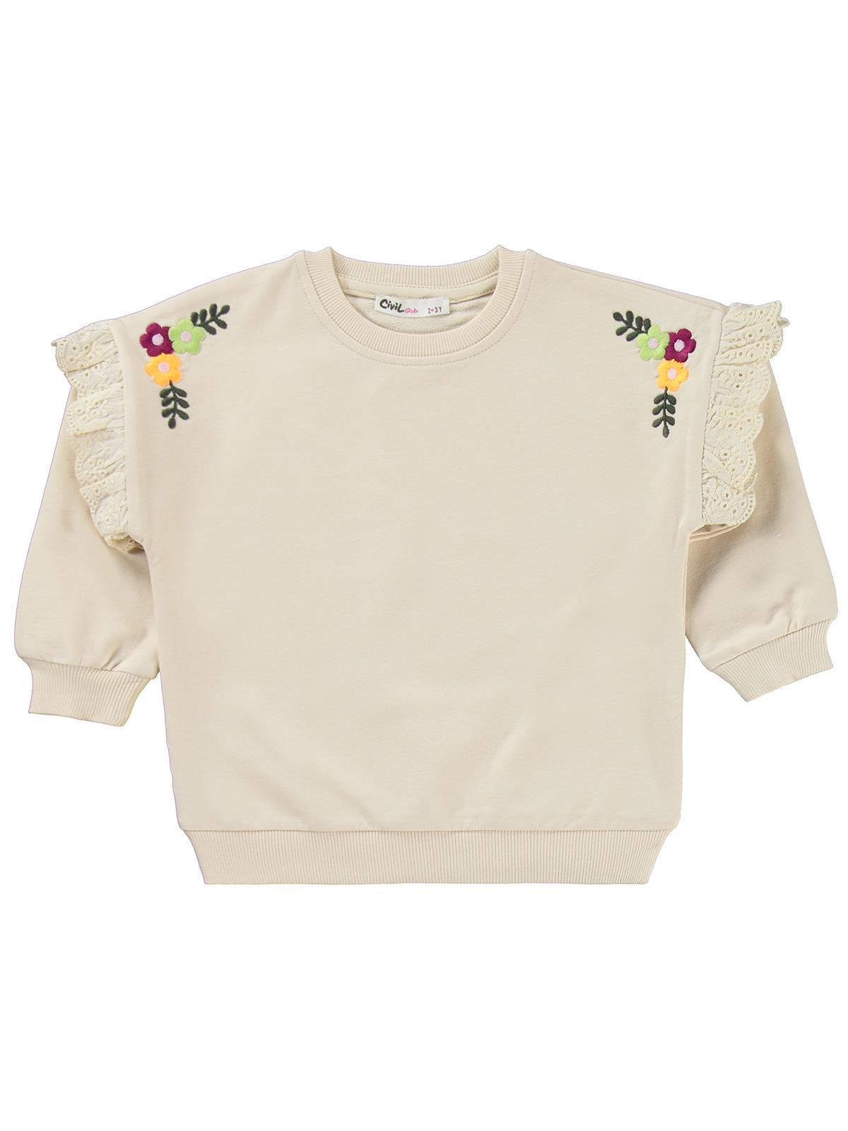 Civil Girls Kol Fırfırlı Sarmaşık Nakışlı 2-5 Yaş Eşofman Takımı - Bej