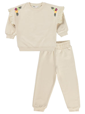 Civil Girls Kol Fırfırlı Sarmaşık Nakışlı 2-5 Yaş Eşofman Takımı - Bej