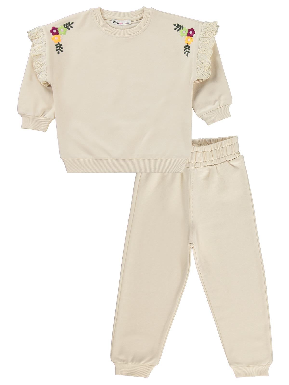 Civil Girls Kol Fırfırlı Sarmaşık Nakışlı 2-5 Yaş Eşofman Takımı - Bej