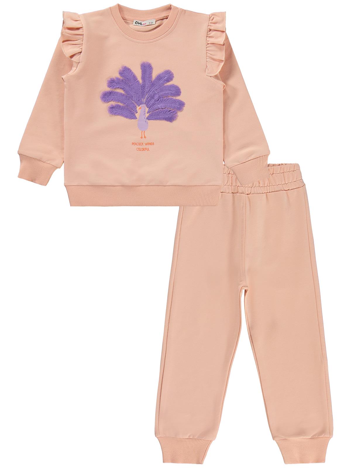 Civil Girls Tavus Kuşu Naskışlı 2-5 Yaş Eşofman Takımı - Pudra