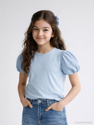 Civil Girls Dantel Balon Kol 10-13 Yaş Tişört - Mavi