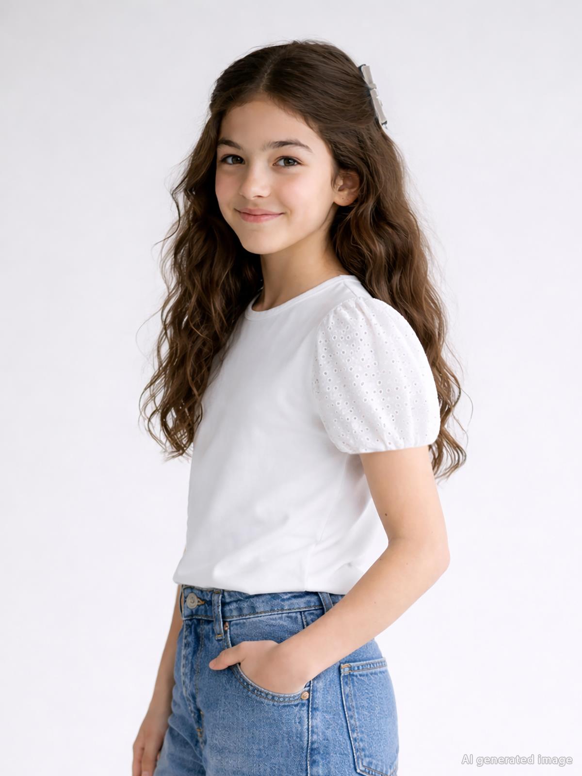 Civil Girls Dantel Balon Kol 10-13 Yaş Tişört - Beyaz