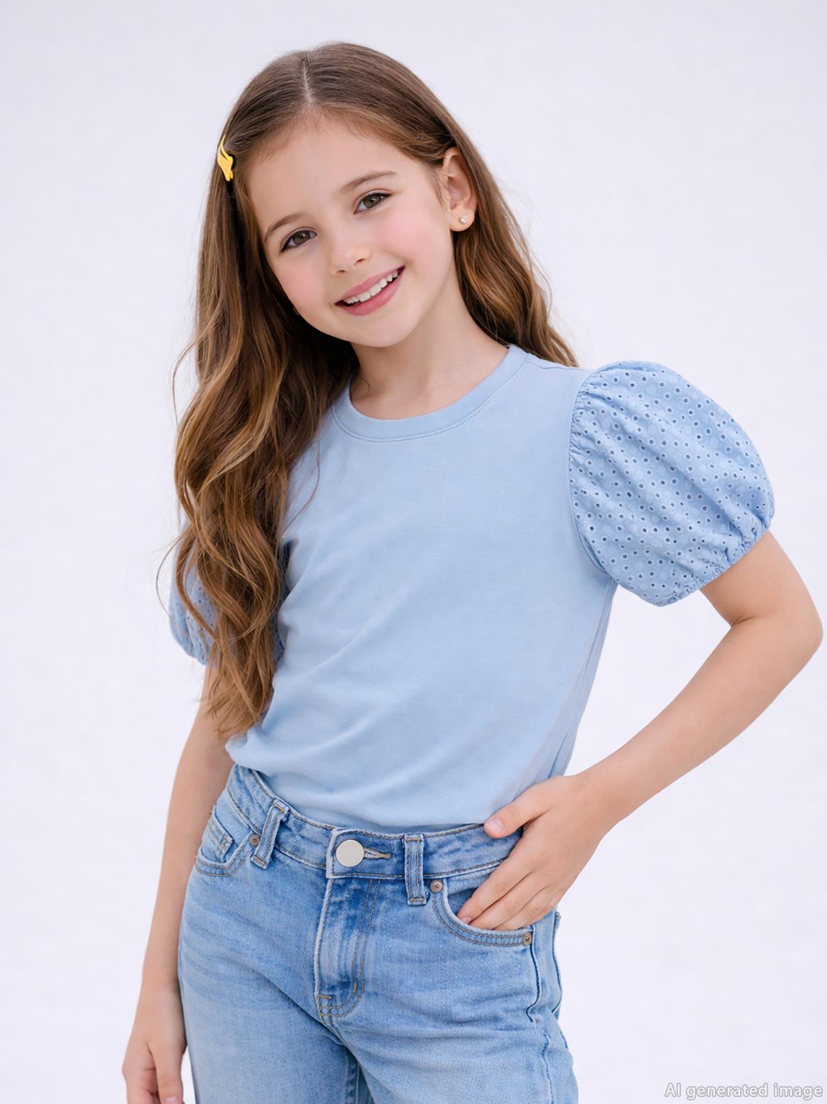 Civil Girls Kız Çocuk Dantel Balon Kol 6-9 Yaş Tişört - Mavi