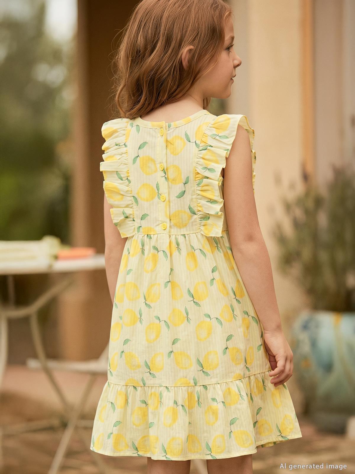 Civil Girls Limon Desenli 6-9 Yaş Elbise - Sarı