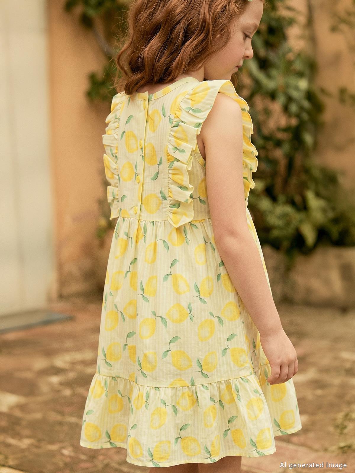 Civil Girls Limon Desenli 6-9 Yaş Elbise - Sarı