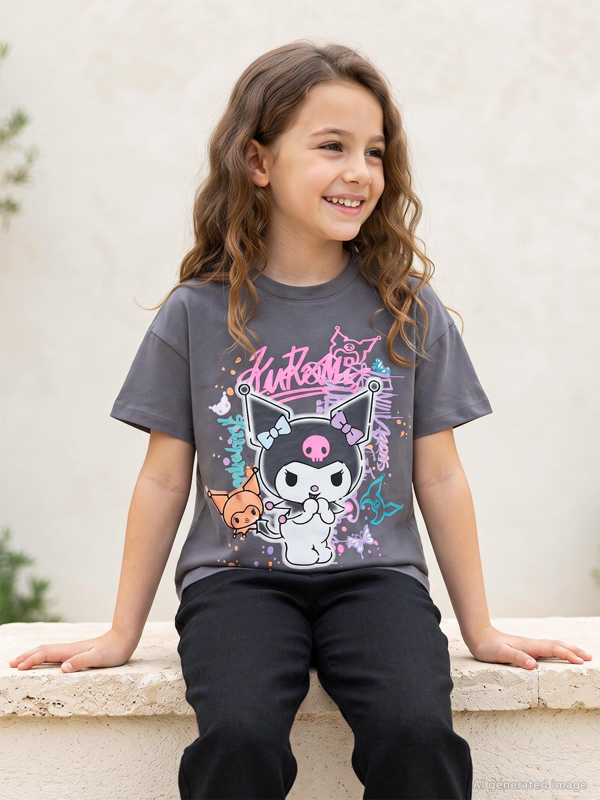 Kuromi 10-13 Yaş Tişört - Gri