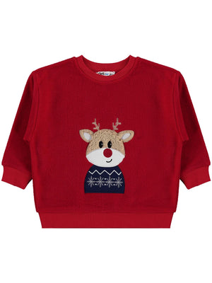 Civil Erkek Çocuk Geyik Nakışlı Sweatshirt | Polar Uzun Kol | Okul Kreş ve Günlük Kullanım - Kırmızı