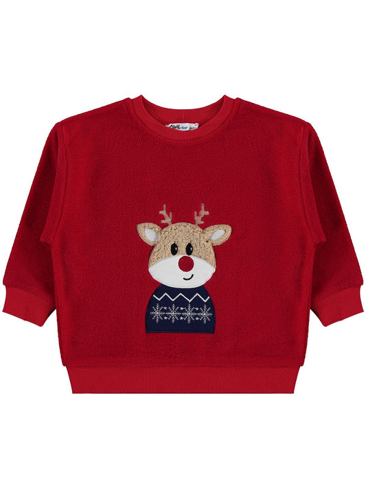 Civil Erkek Çocuk Geyik Nakışlı Sweatshirt | Polar Uzun Kol | Okul Kreş ve Günlük Kullanım - Kırmızı