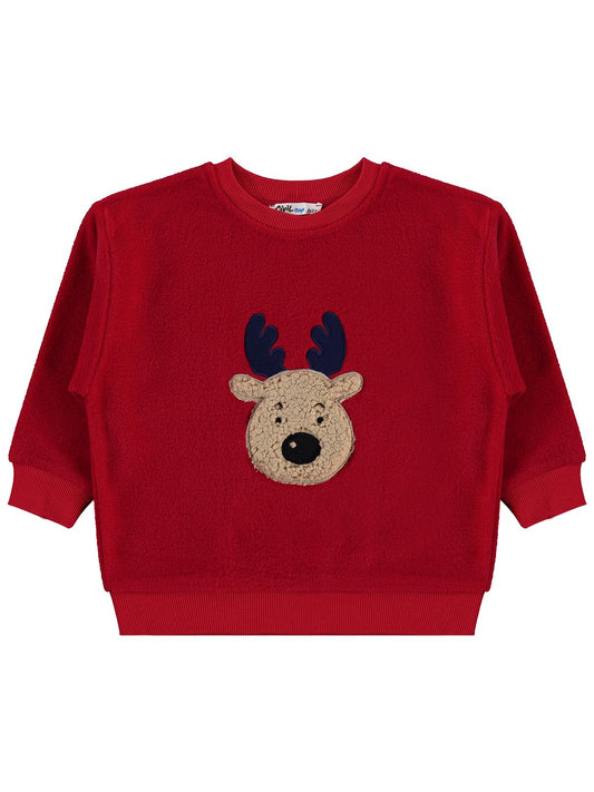Civil Boys Erkek Çocuk Geyik Nakışlı Sweatshirt | Polar Uzun Kol | Okul Kreş ve Günlük Kullanım - Kırmızı